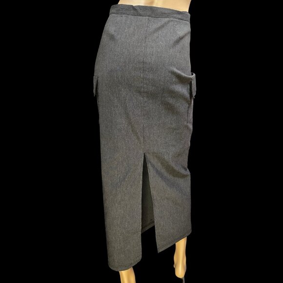 Vintage 90s Grey Maxi Pencil Skirt Cargo Pockets Office Siren Size S High Waist - Picture 6 of 8